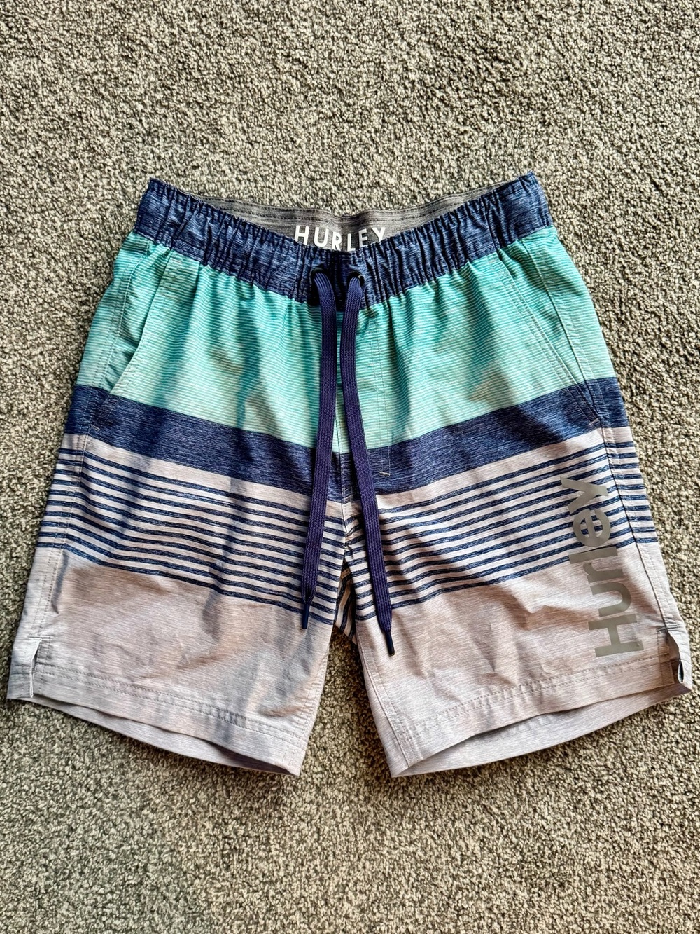 Hurley Men’s Aqua, Navy & Gray Striped Swim Shorts